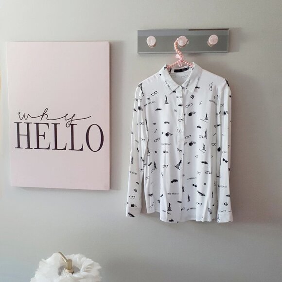 EUC Max Jeans New York City graphic white long sleeve blouse, S - Picture 2 of 5